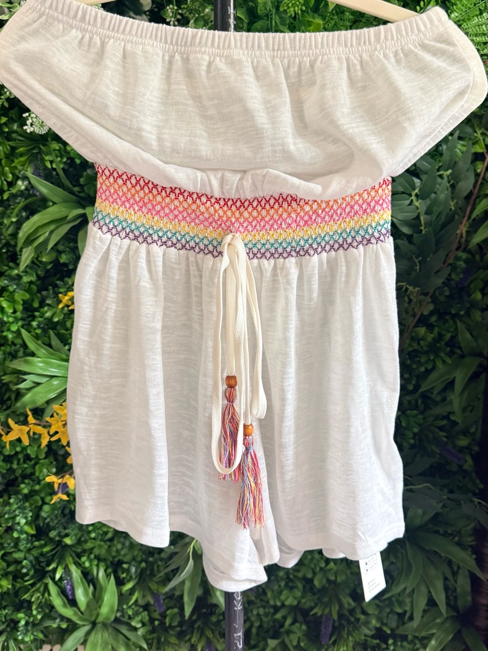 Cupshe Ivory tube top Romper with Rainbow Smocked Waist